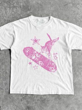 Cute Cat T-Shirt, Retro Graphic Cat Tee, Skateboard Cat Shirt